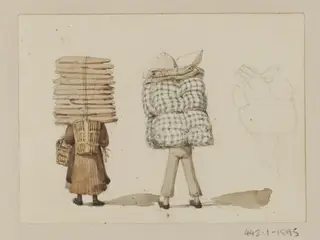 A man with bedding on his back and a woman carrying long loaves, by Ambrose Poynter, watercolor, 1835