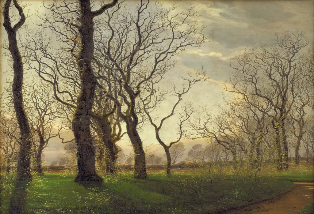 I udkanten af en egeskov en tidlig forårsmorgen, by Janus la Cour, oil, 1863