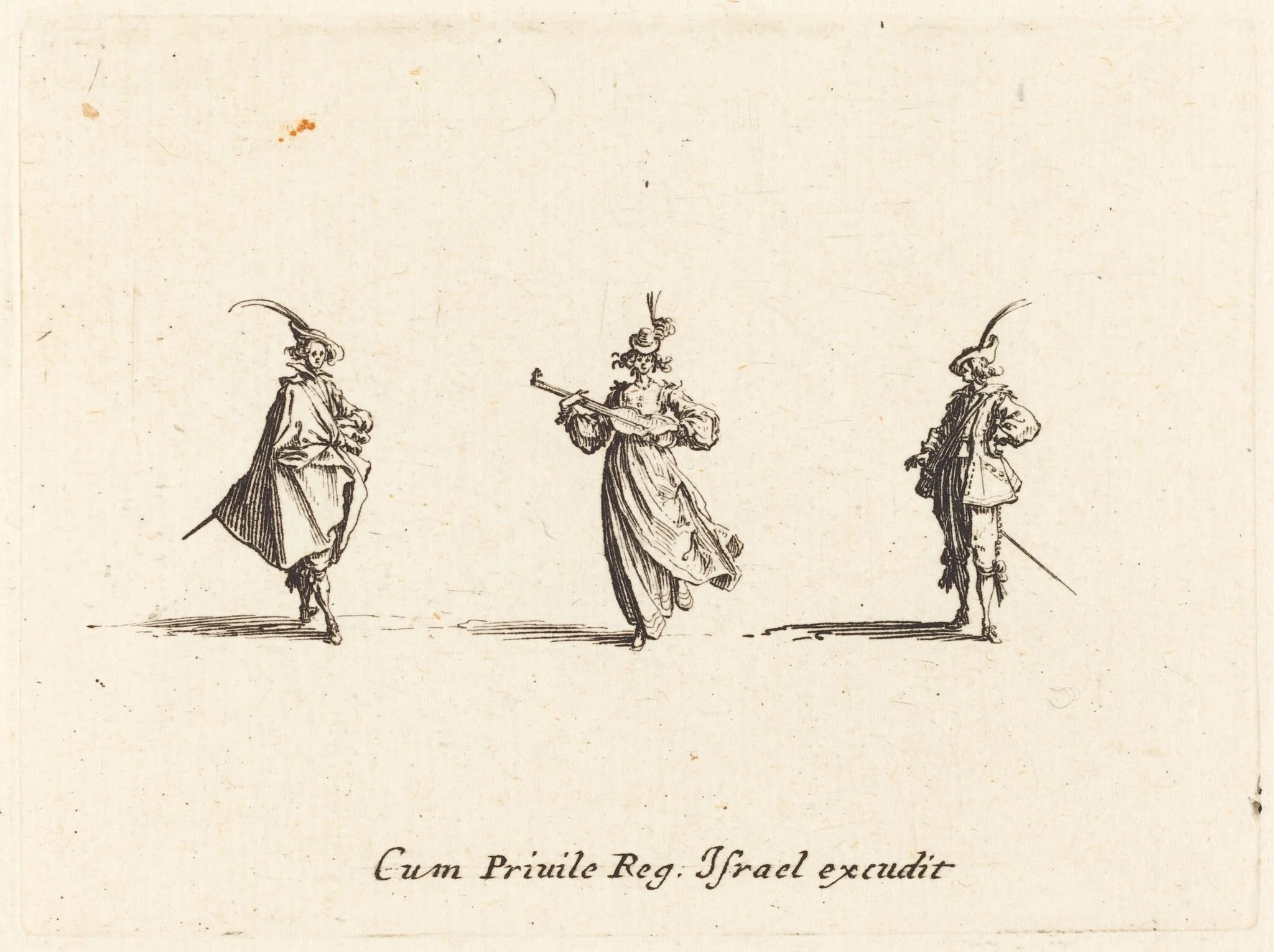 Lady with String Instrument, and Two Gentlemen, detail
