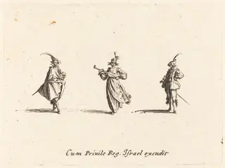 Lady with String Instrument, and Two Gentlemen, by Jacques Callot, ink, 1634