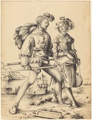 A Soldier Walking with a Camp Follower, by Urs Graf I, ink, 1523