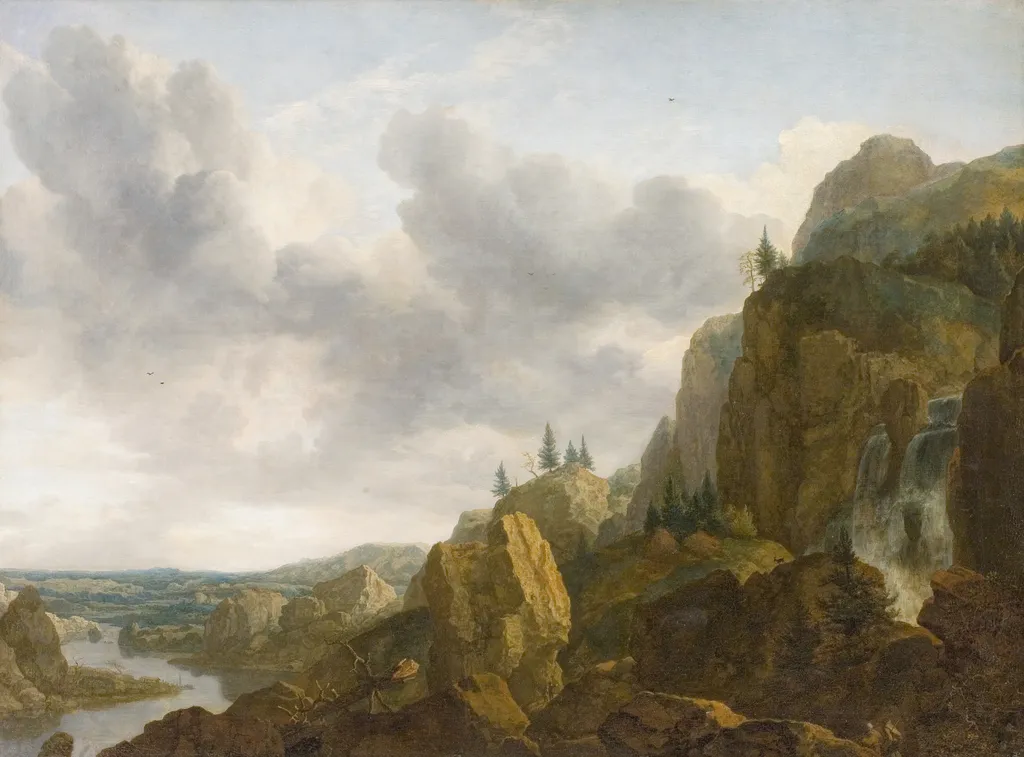 Northern Mountain Landscape with Waterfall, by Allart van Everdingen, oil, 1647