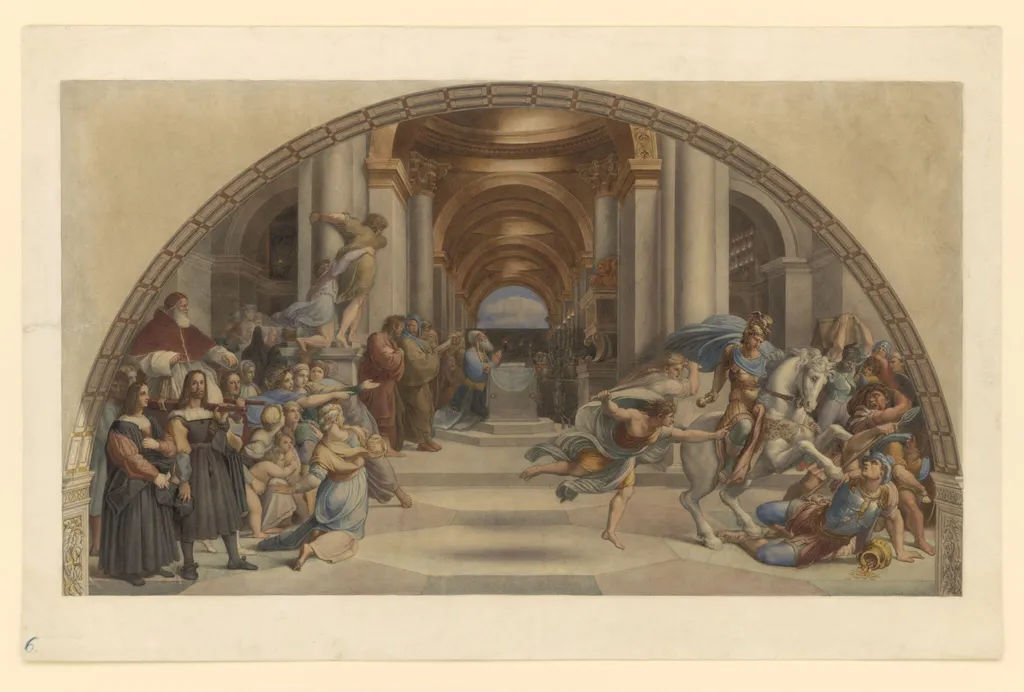 Copy after Raphael’s fresco representing the ‘Expulsion of Heliodorus from the Temple’ in the Stanza di Eliodoro (Vatican Palace, Rome, 1512-14), 1866., by Cesari Mariannecci, watercolor, 1866