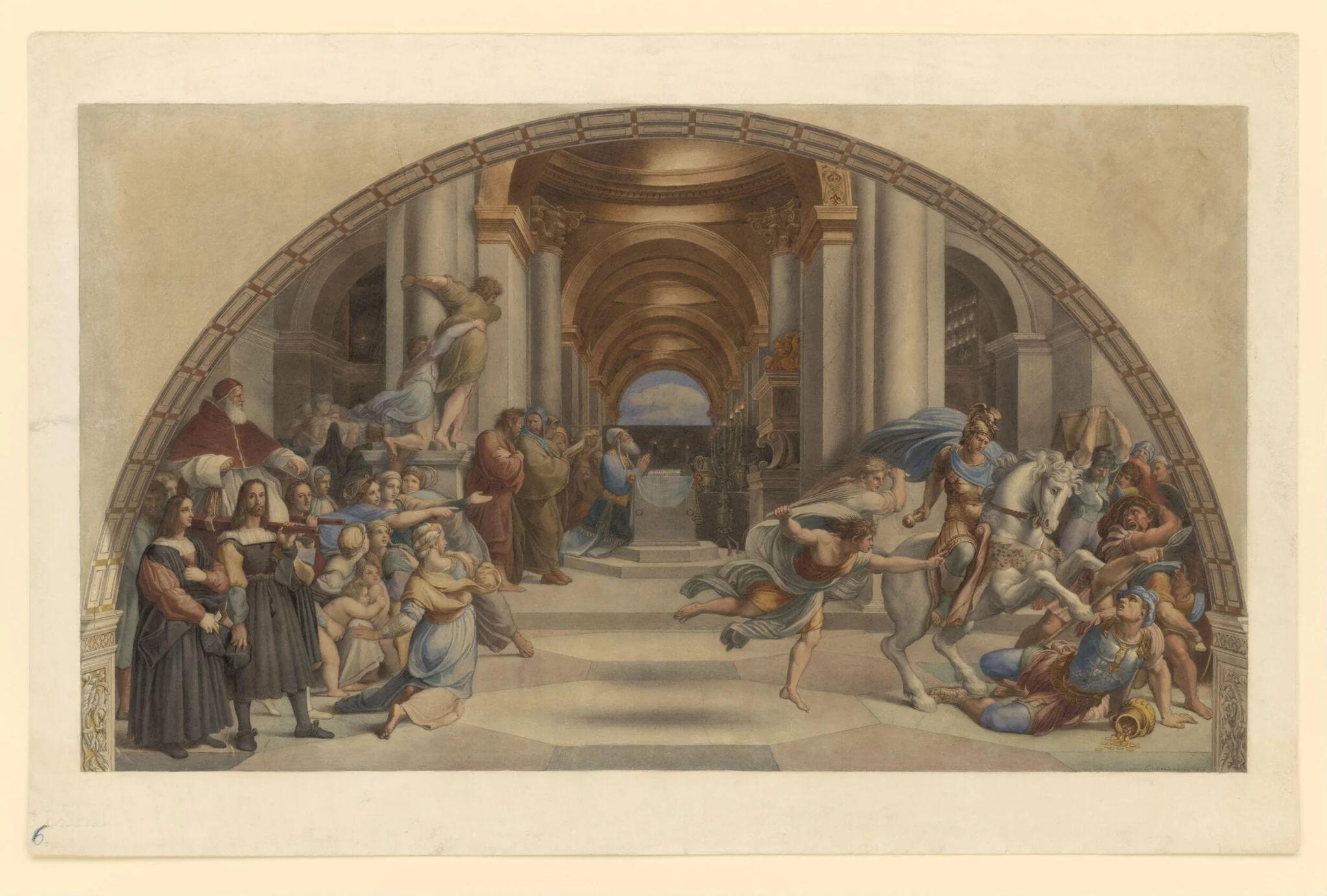 Copy after Raphael’s fresco representing the ‘Expulsion of Heliodorus from the Temple’ in the Stanza di Eliodoro (Vatican Palace, Rome, 1512-14), 1866., detail