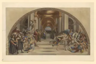Copy after Raphael’s fresco representing the ‘Expulsion of Heliodorus from the Temple’ in the Stanza di Eliodoro (Vatican Palace, Rome, 1512-14), 1866., by Cesari Mariannecci, watercolor, 1866