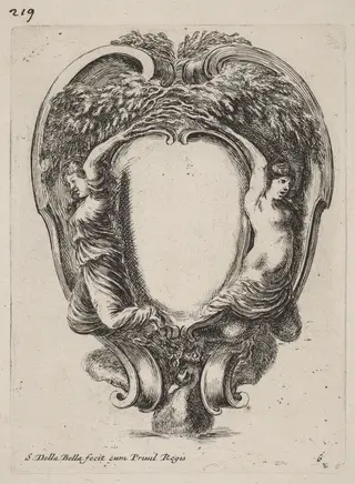 Cartouche with Two Nymphs Metamorphosed into Trees, by Stefano Della Bella, ink, 1647