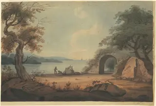 Mending Nets on the Hudson River, New York, by Archibald Robertson, graphite, 1804