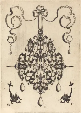 Large Pendant, Two Fantasy Creatures with Long Tails at Bottom, by Daniel Mignot, ink, 1596