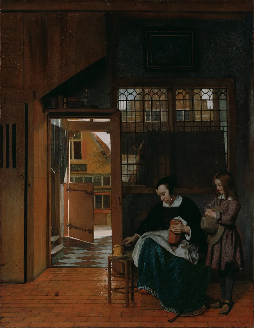A Woman Preparing Bread and Butter for a Boy, by Pieter de Hooch, oil, 1661