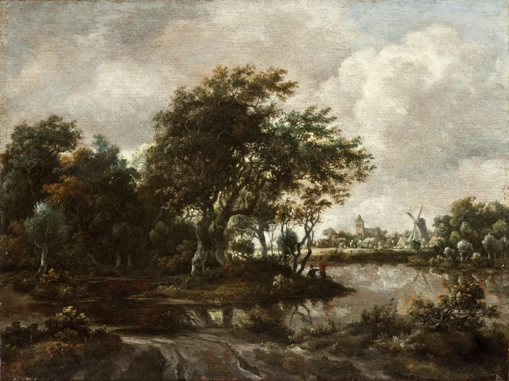 Landscape with Anglers and a Distant Town, by Meindert Hobbema, oil, 1664