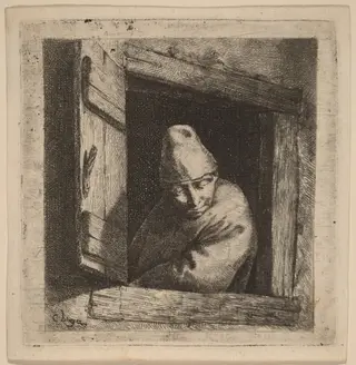 The Peasant in a Window, by Cornelis Bega, ink, 1648
