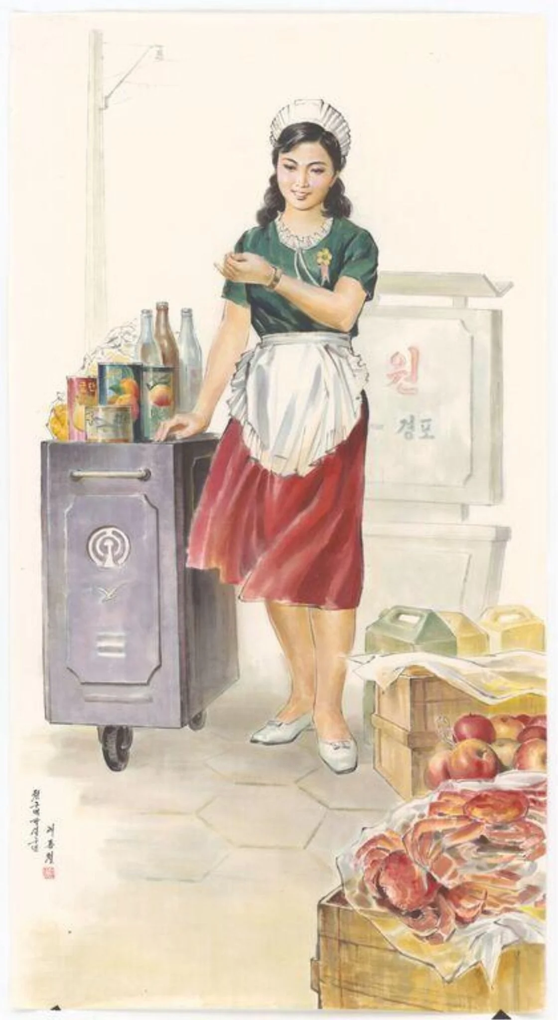 Female train attendant with a trolley, detail