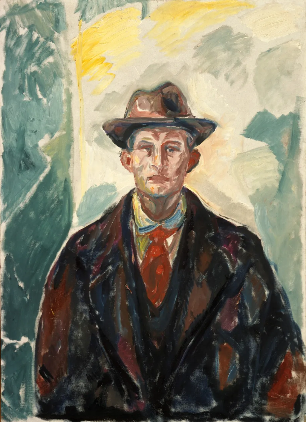 Self-Portrait with Hat and Red Tie, by Edvard Munch, oil, 1915