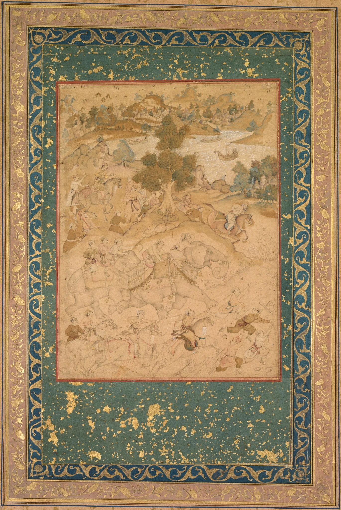 Akbar supervising the capture of wild elephants at Malwa in 1564, painting 90 from an Akbar-nama (Book of Akbar) of Abu’l Fazl (Indian 1551–1602), detail