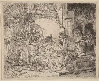 The Adoration of the Shepherds: with the Lamp, by Rembrandt van Rijn, ink, 1654