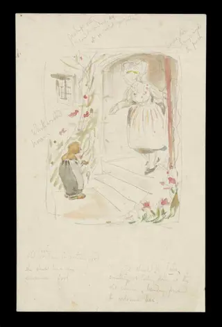 Rough sketch illustrating 'The Three Spinners', by Beatrix Potter, watercolor, 1894