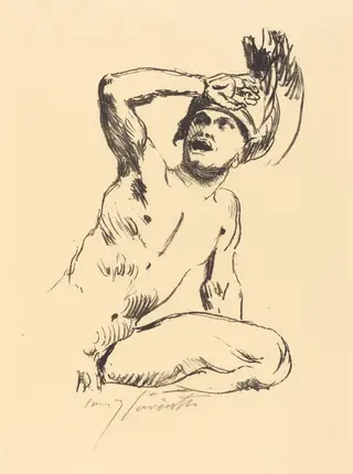 Kniender Krieger in Abwehr I (Kneeling Warrior I), by Lovis Corinth, ink, 1914