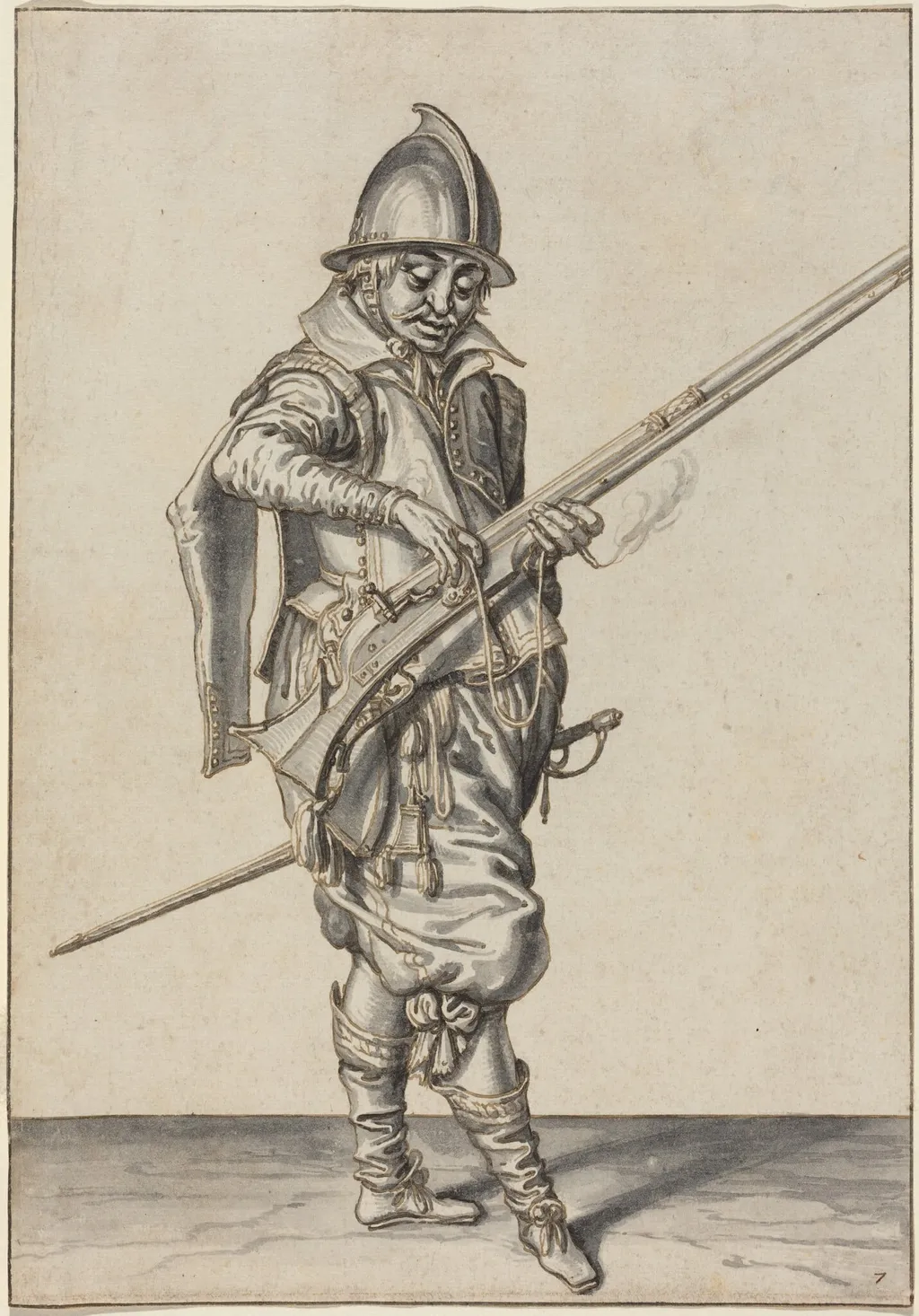 Elegantly Dressed Soldier Preparing to Fire His Caliver, by Jacques de Gheyn II, ink, 1597