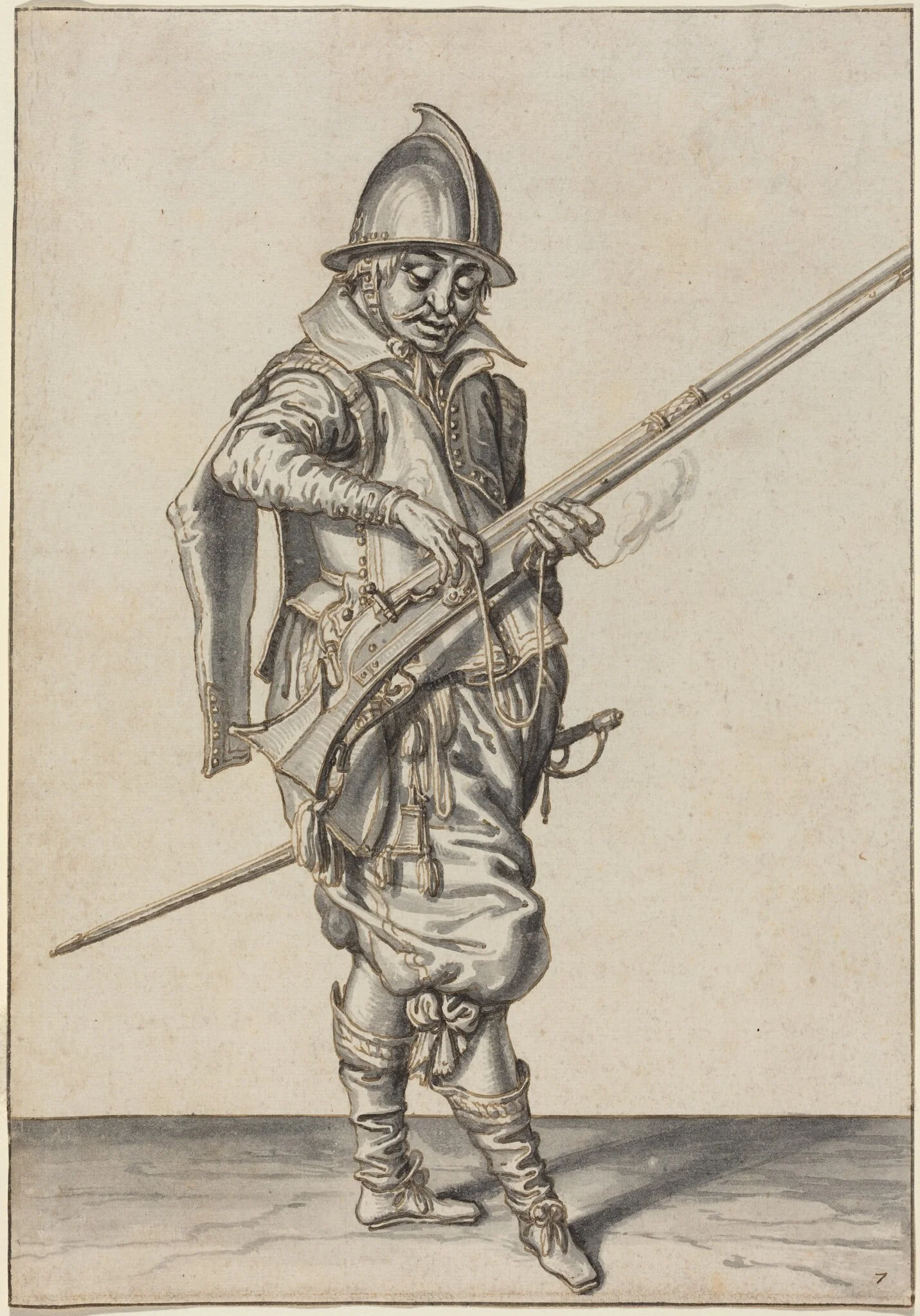 Elegantly Dressed Soldier Preparing to Fire His Caliver, detail