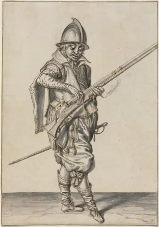 Elegantly Dressed Soldier Preparing to Fire His Caliver, by Jacques de Gheyn II, ink, 1597