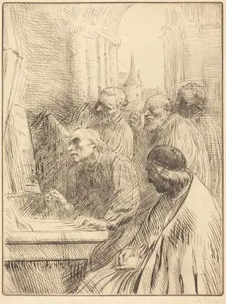Monks at Church (Les moines a l'eglise), by Alphonse Legros, ink, 1874