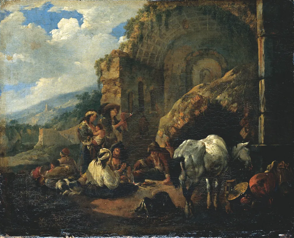 Gypsy Camp in a Roman Ruin, by Johann Heinrich Roos, oil, 1671