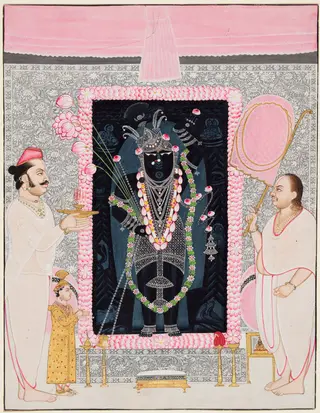 Head Priest Govardhan Lalji (1862–1934) Offers a Lamp to Shri Nathji in Celebration of the Spring Festival, by Ghasiram Sharma, unspecified, 1896