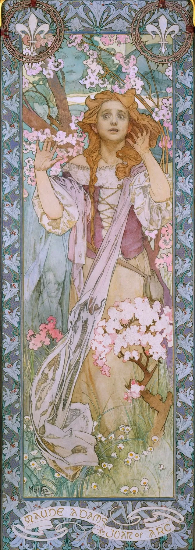 Mucha brings the poster grammar onto canvas: armor, banner, and the shallow halo-arch that flattens the space behind the figure.