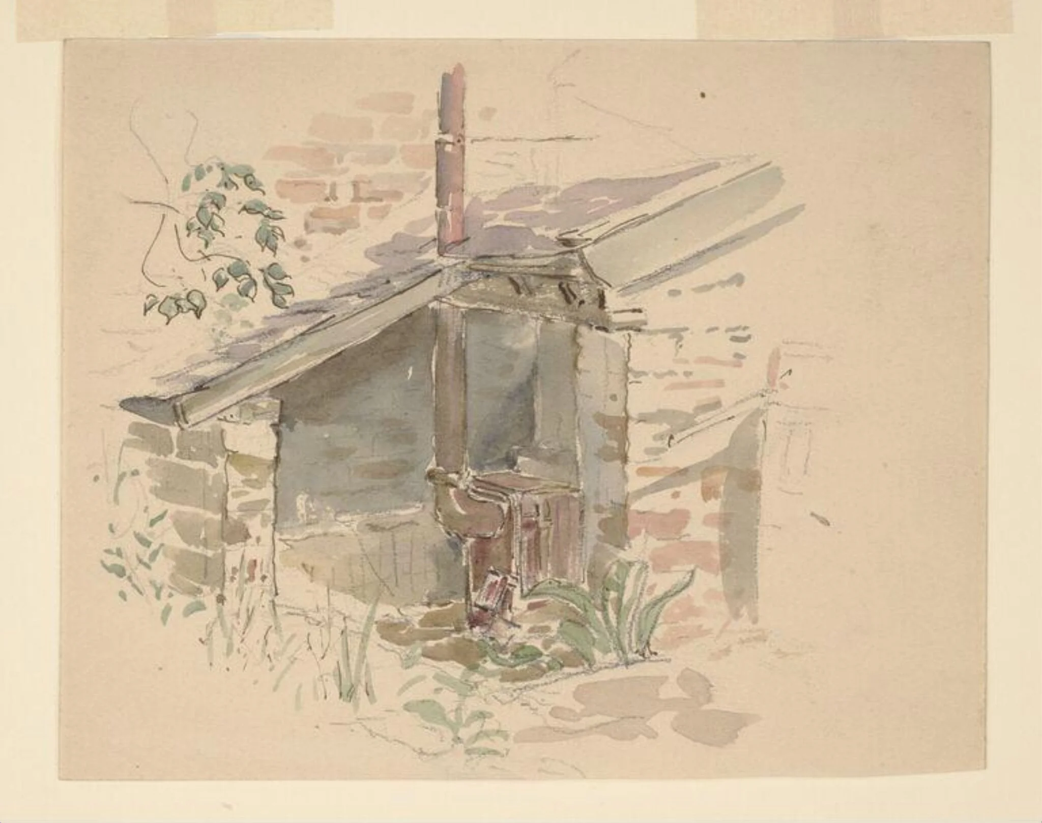 A garden shed with iron stove and chimney in the garden at Gwaynynog, detail