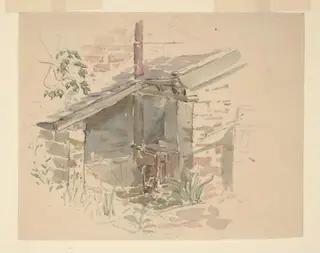A garden shed with iron stove and chimney in the garden at Gwaynynog, by Beatrix Potter, watercolor, 1909