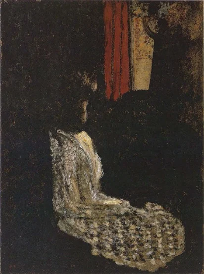 Femme assise dans une pièce sombre, detail