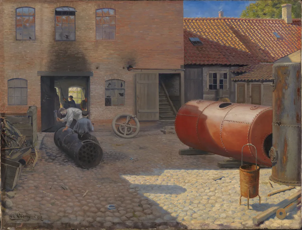 Gårdinteriør fra en maskinfabrik i en provinsby, by Gustav Adolf Clemens, oil, 1896