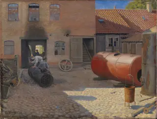 Gårdinteriør fra en maskinfabrik i en provinsby, by Gustav Adolf Clemens, oil, 1896