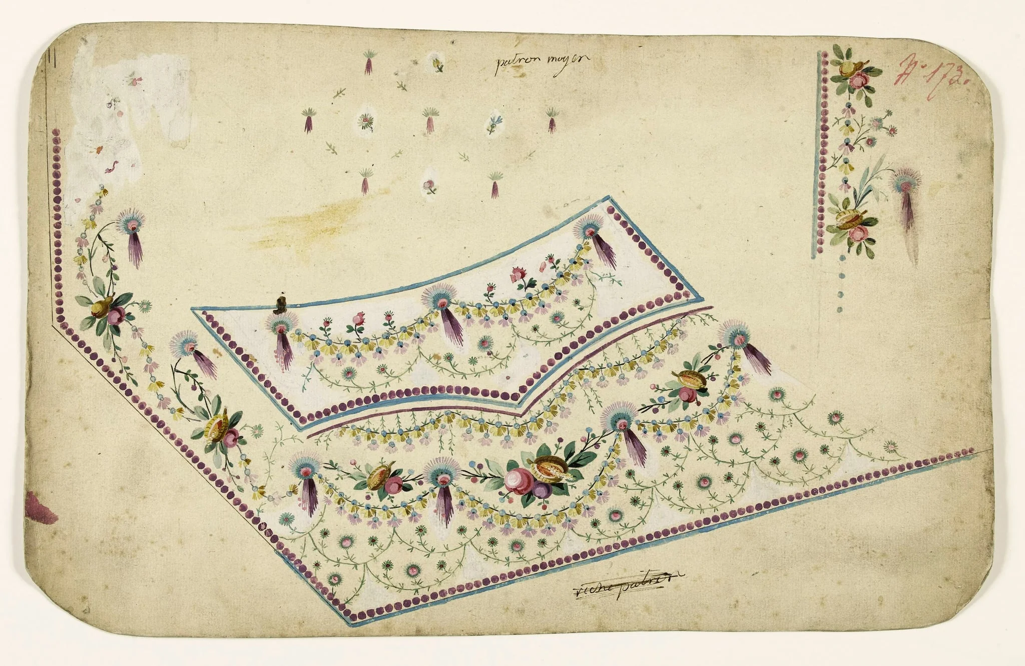 Composirion avec guirlandes de fleurs et de fruits exotiques, frises de perles violettes, projets de broderies de gilet, XVIIIème siècle, detail