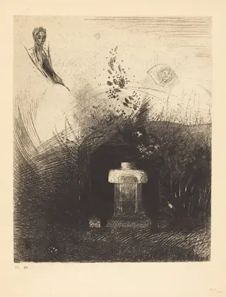 Si par une nuit lourde et sombre, un bon chretien, par charite, derriere quelque vieux decombre, enterre votre corps voute (If on a close dark night a good Christian, out of charity, behind some old ruin, buries your arched body), by Odilon Redon, ink, 1890