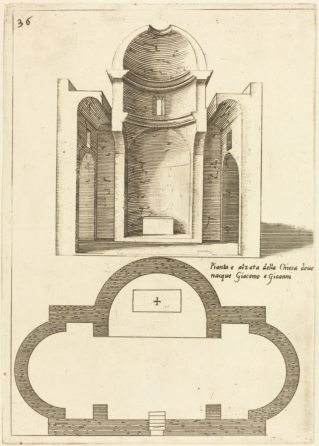 Plan and Elevation of the Church of Saints James and John, by Jacques Callot, ink, 1619