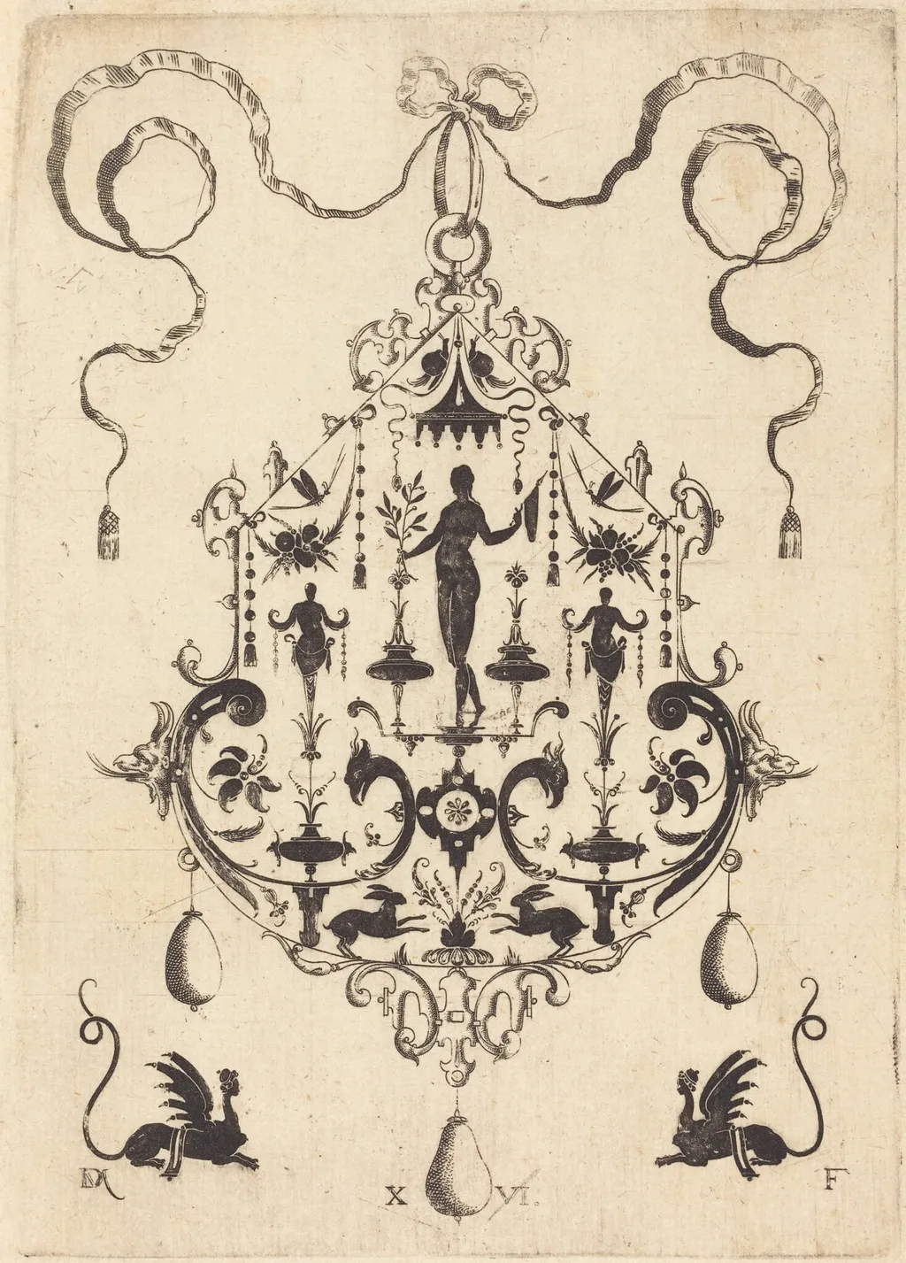 Large Pendant, Victory Flanked by Two Herms at Centre, by Daniel Mignot, ink, 1596