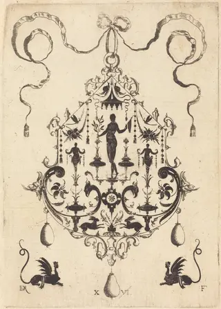 Large Pendant, Victory Flanked by Two Herms at Centre, by Daniel Mignot, ink, 1596