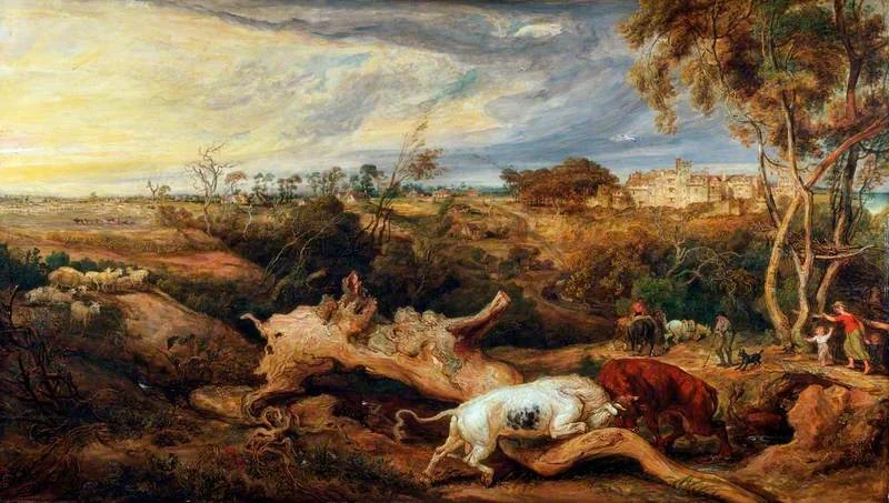 Bulls Fighting, with a View of Donatt's Castle, Glamorganshire, detail