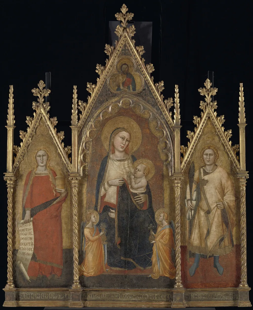 Triptych with the Virgin and Child, and Saints Mary Magdalene and Ansanus, by Orcagna, oil, 1350