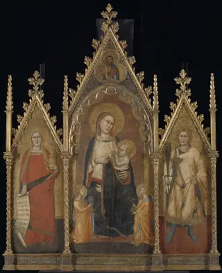 Triptych with the Virgin and Child, and Saints Mary Magdalene and Ansanus, by Orcagna, oil, 1350