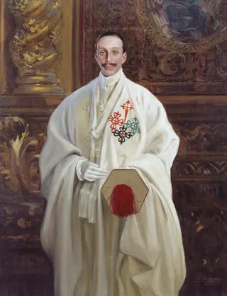 Alfonso XIII con hábito de maestre de las órdenes militares, by Carlos Vázquez Úbeda, oil, 1928