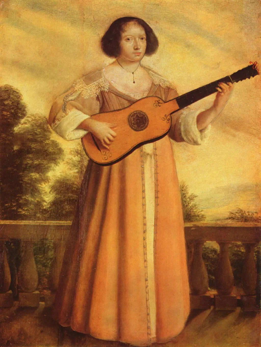 Woman Playing a Guitar, by Augustin Quesnel, oil, 1635