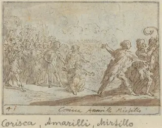 Corisca, Amarilli and Mirtillo, by Johann Wilhelm Baur, ink, 1640