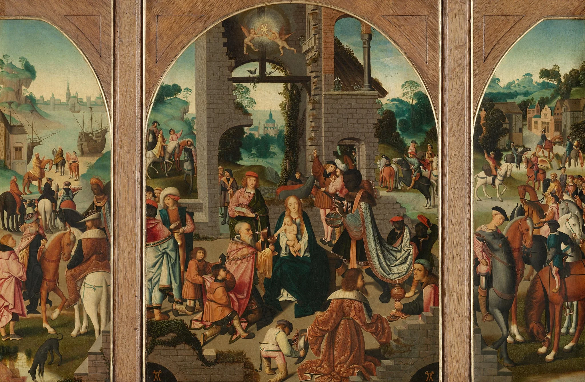 Triptych with Adoration of the Magi (center and inner wings), Saint Antony Abbot (left, outer wing) and Saint Adrian (right, outer wing), detail