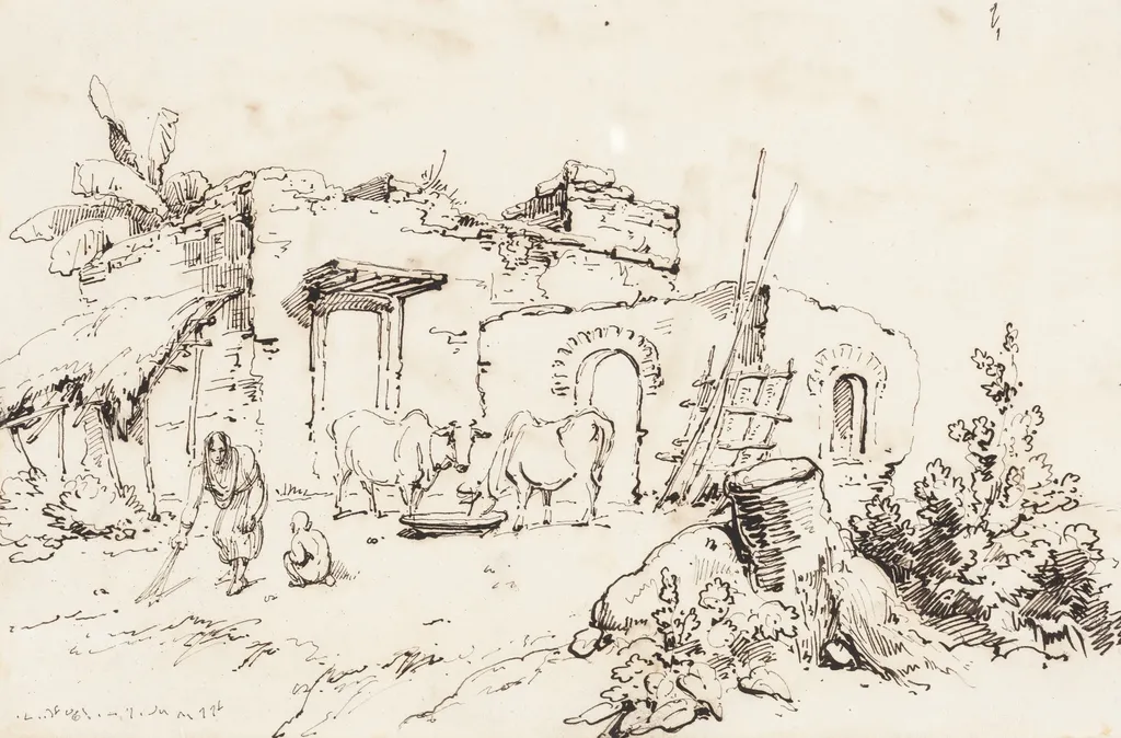 A Village Scene in India [verso], by George Chinnery, ink, 1819
