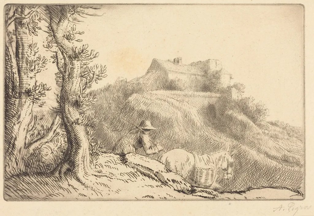 Farm on a Hill (La ferme sur la colline), by Alphonse Legros, ink, 1874