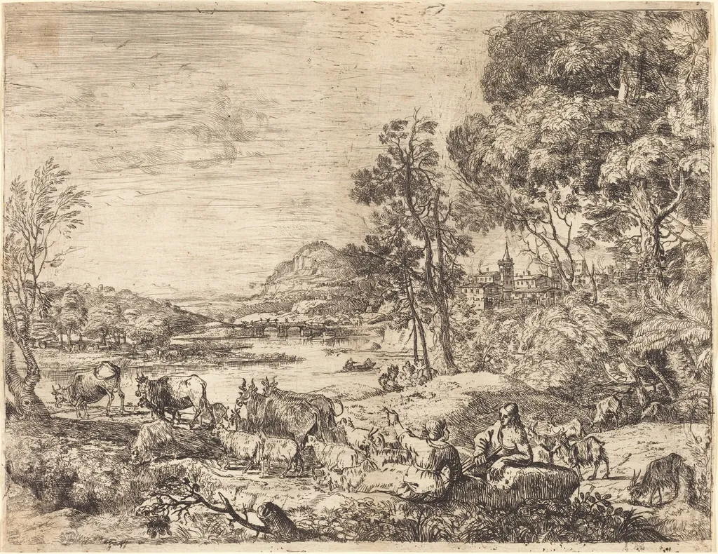 Shepherd and Shepherdess Conversing in a Landscape (Berger et bergère conversant), by Claude Lorrain, ink, 1651