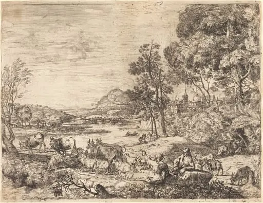 Shepherd and Shepherdess Conversing in a Landscape (Berger et bergère conversant), by Claude Lorrain, ink, 1651