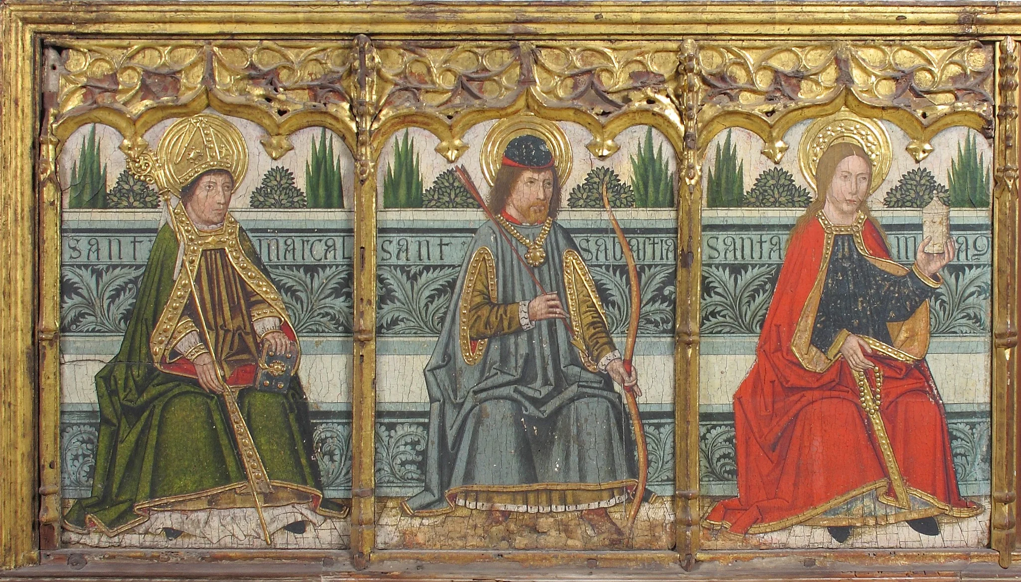 Predella panel with Saint Martial, Saint Sebastian, and Saint Mary Magdalen from Retable, detail